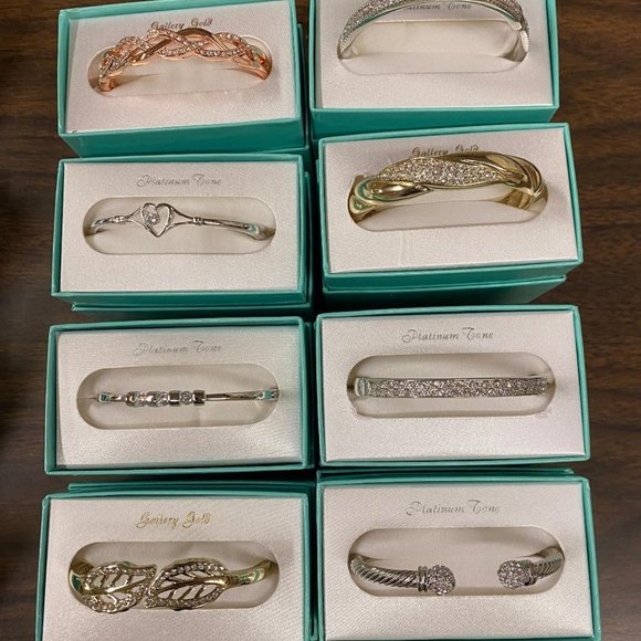 8 Gold Silver Bangle Bracelet gift boxed clear round crystal stone NWT